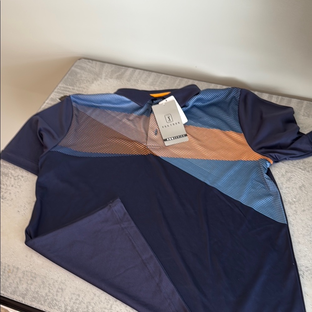 NWT PGA Tour Pro Series 50 SPF Blue and Orange Polo Shirt Modern Design